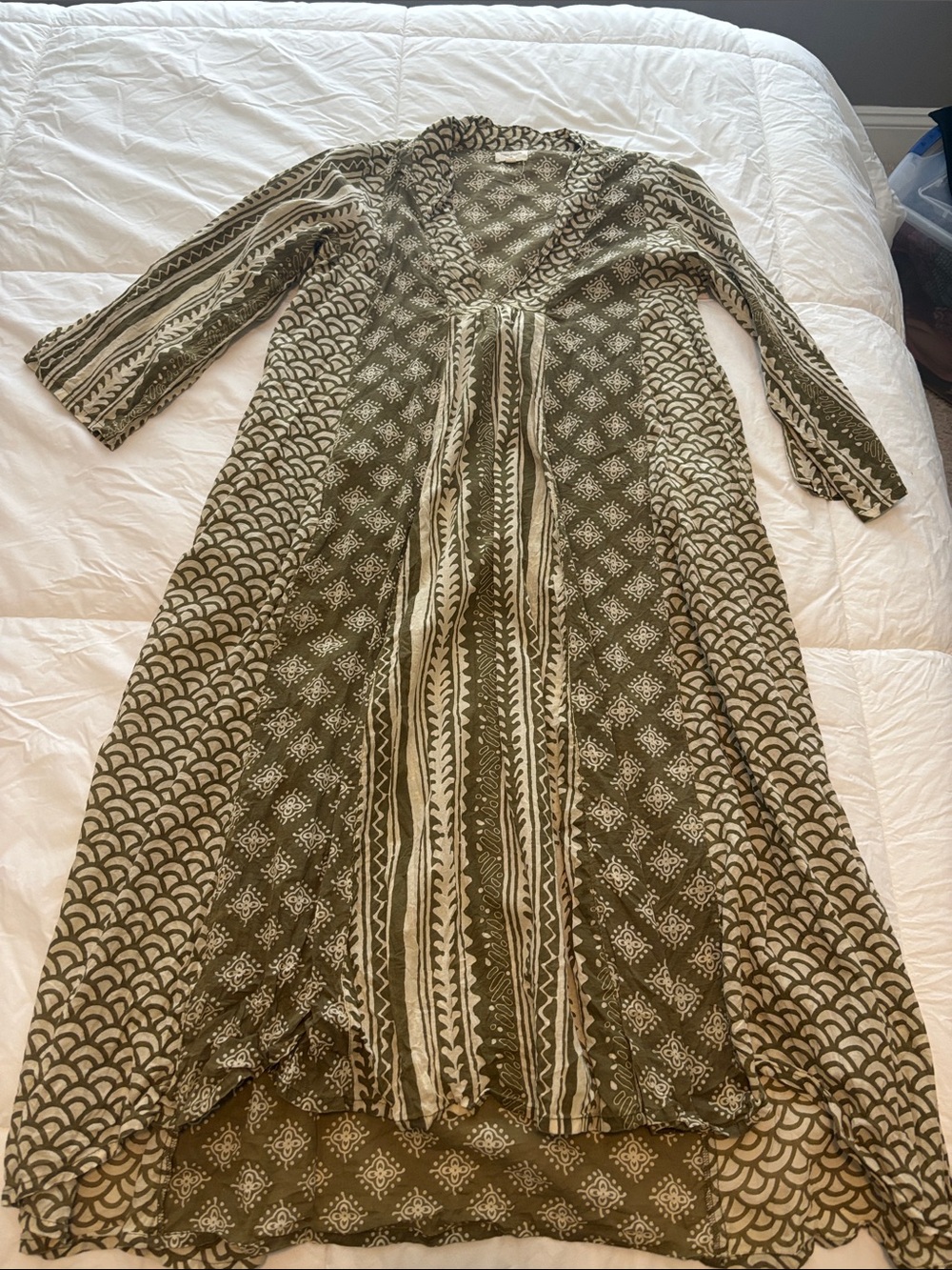 Cost Plus World Market Olive and Cream Boho Long Sleeve Maxi Dress